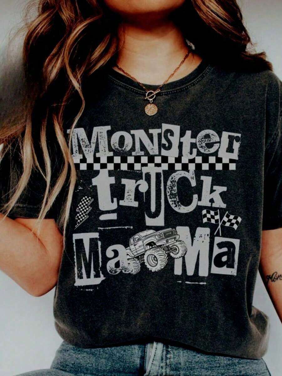 Monster Truck Mom T-Shirt, 100% Cotton, Monster Truck Mom T-Shirt, Monster Truck Plaid Grunge T-Shirt, Birthday Gift - 黑 - 查看 1