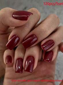 120Pcs Light Wine Red Press-On Nail Stickers, Short Style, Medium Style, Square Shape, Wearable, Full Coverage, Finger Decoration, Suitable For Office And Daily Wear. Nail Care Products Nails - Burgundy - View 5