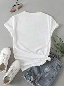 Fashion Printed T-Shirts For Women, Oversized Streetwear Tops, Comfortable And Stylish All-Match Summer Tees. 1 Piece  Geek T-Shirt, Casual Print, Comfortable And Versatile, Letter Pattern, 180g Pure Cotton, Printed T-Shirt 180g Cotton - 白色 - 查看 2