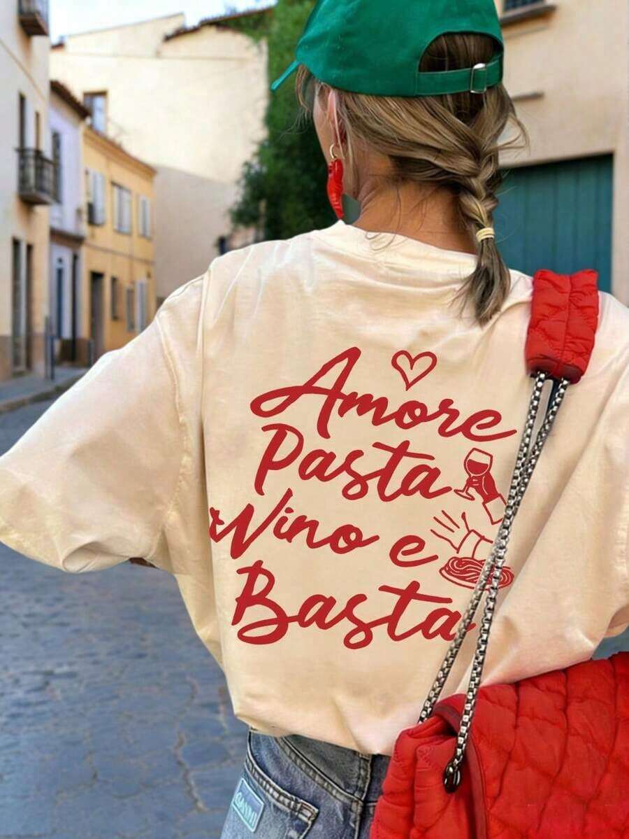 New Minimalist Summer T-Shirt, Printed With Italian Lettering About Wine And Pasta, Round Neck, Short Sleeves, Casual And Versatile. Women's Top, White - 裸體2 - 查看 1