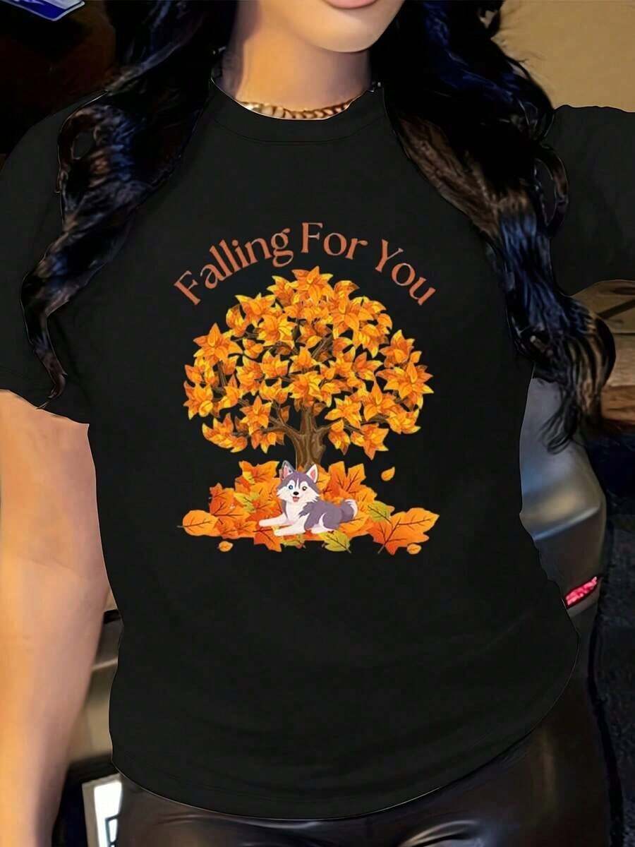 New Casual Summer T-Shirt With Husky Design, Autumn T-Shirt, Falling For You T-Shirt, Unisex Top, Autumn Clothes For Dogs, Seasonal Graphic T-Shirt, And Unisex Vintage Urban Style Loose Cotton Short Sleeve Crew Neck T-Shirt - 黑色 - 查看 1