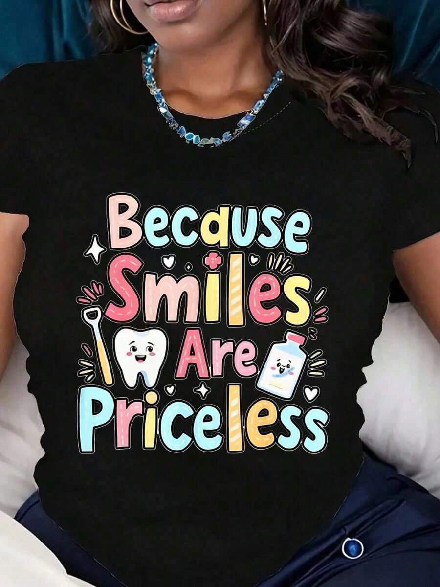 Women's Graphic Short Sleeve T-Shirt Because Smiles Are Priceless With Toothbrush And Toothbrush Print. Casual Wear For Dentists, Dental Hygienists, And Smile Lovers. Comfortable Fabric. Perfect As A Gift. Women's T-Shirt/Blouses - 黑色 - 查看 1