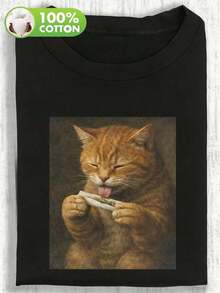 Mexicano Básico Camiseta Tide de manga corta con estampado divertido de gato 100% algodón, diseño único de lote pequeño, camiseta casual para mujer, tela suave, cómoda camiseta de cuello redondo, camiseta negra retro, ropa de mujer, para Usar es moda primavera/verano Nuevo Lanzamiento - Negro - Ver 12