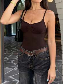 Camiseta sin mangas negra elegante de unicolor, de estilo minimalista y versátil, con pliegues, adecuada para verano y otoño, para mujer (VIVINA) - Óxido marrón - Ver 7