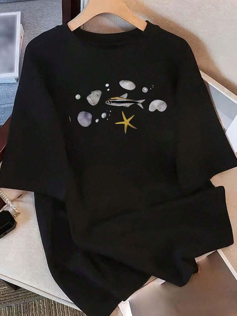 2026 Summer New Pure Cotton T-Shirt, Casual Graphic Youth Tee, Loose Fit, Round Neck, Versatile Women's Clothing, Comfortable And Casual, Young And , Daily Wear, Short Sleeve, Casual, Versatile Printed Top - 黑色 - 查看 1