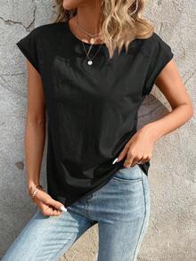 Camiseta de cuello redondo sólida, casual para el verano - Negro - Ver 9
