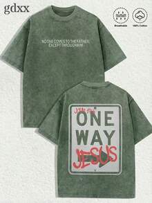 Jesus Tee God Has A Plan Graphic Tee Double-Sided Print Washed T-Shirt Holiday Gifts Y2K Men's Graphic Tees, 230G Cotton T - Shirts,100% Pure Cotton - 軍綠色2 - 查看 1