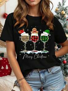 Camiseta ajustada de manga corta con cuello redondo para mujer de talla grande con estampado gráfico minimalista casual de calavera y flor, para el verano - Negro - Ver 1