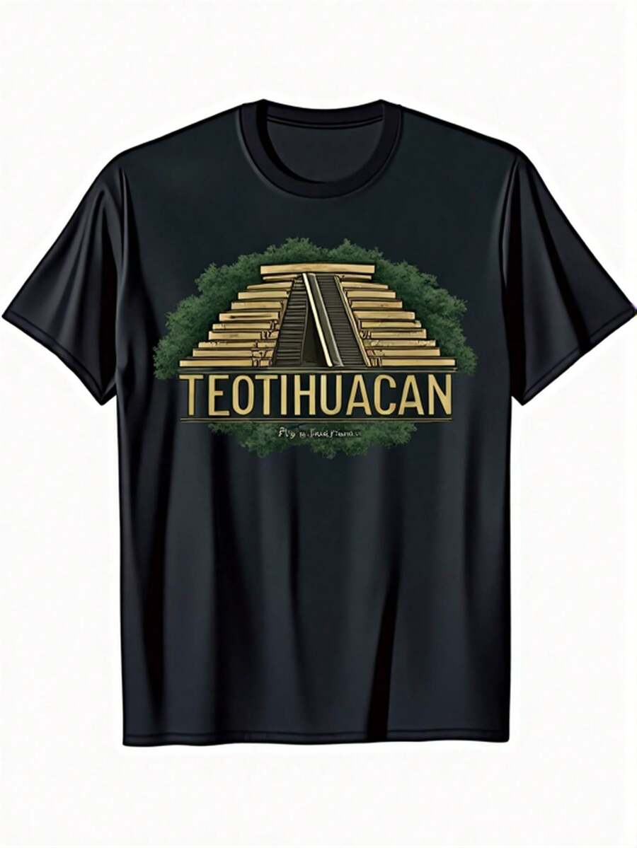 Teotihuacan, Mexico Graphic T-Shirt For Men - Black With Ancient Pyramid City Design, Thick Fabric Crew Neck T-Shirt For History Lovers And Travelers - Casual All-Season T-Shirt, Comfortable Fit, Travel Wear, Vintage Style, Soft Fabric, Printed T-Shirt, Plus Sizes - 黑色 - 查看 1