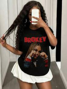 1 Piece Of Cotton Clothing For Girls, Y2K Inspired Letter Print T-Shirt - Casual Round Neck, Short Sleeve, Machine Washable - Perfect For Spring/Summer/Autumn, Fashion, Streetwear, Unisex, For Men And Women. - 黑色 - 查看 5