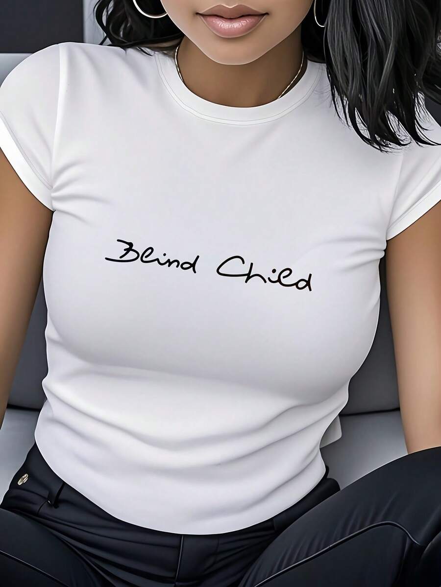 Women's Versatile Pure Cotton Short-Sleeved T-Shirt With Round Neck, Letter Print, Casual And Modern Style, Short-Sleeved Sweater, Round Neck T-Shirt For Women. - 白色 - 查看 1
