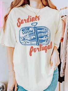 Sardines Shirt, Tinned Fish Shirt, Portugal T-Shirt. Women's Fashionable Casual T-Shirt With Creative Print, Short Sleeve, Round Neck, For Spring And Summer. Festive Celebration Shirt, Party Wear Top - 彩色 - 查看 1