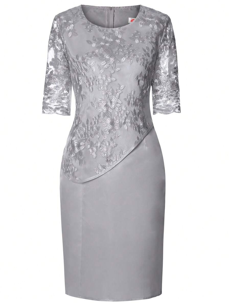 New Women's Plus Size Cocktail Dress, Light Blue, Round Neck, 3/4 Sleeves, Lace Appliqués, Mock Double Layer, Elegant And Flattering Design, Perfect For Events, Parties And Dinners - 灰色 - 查看 1