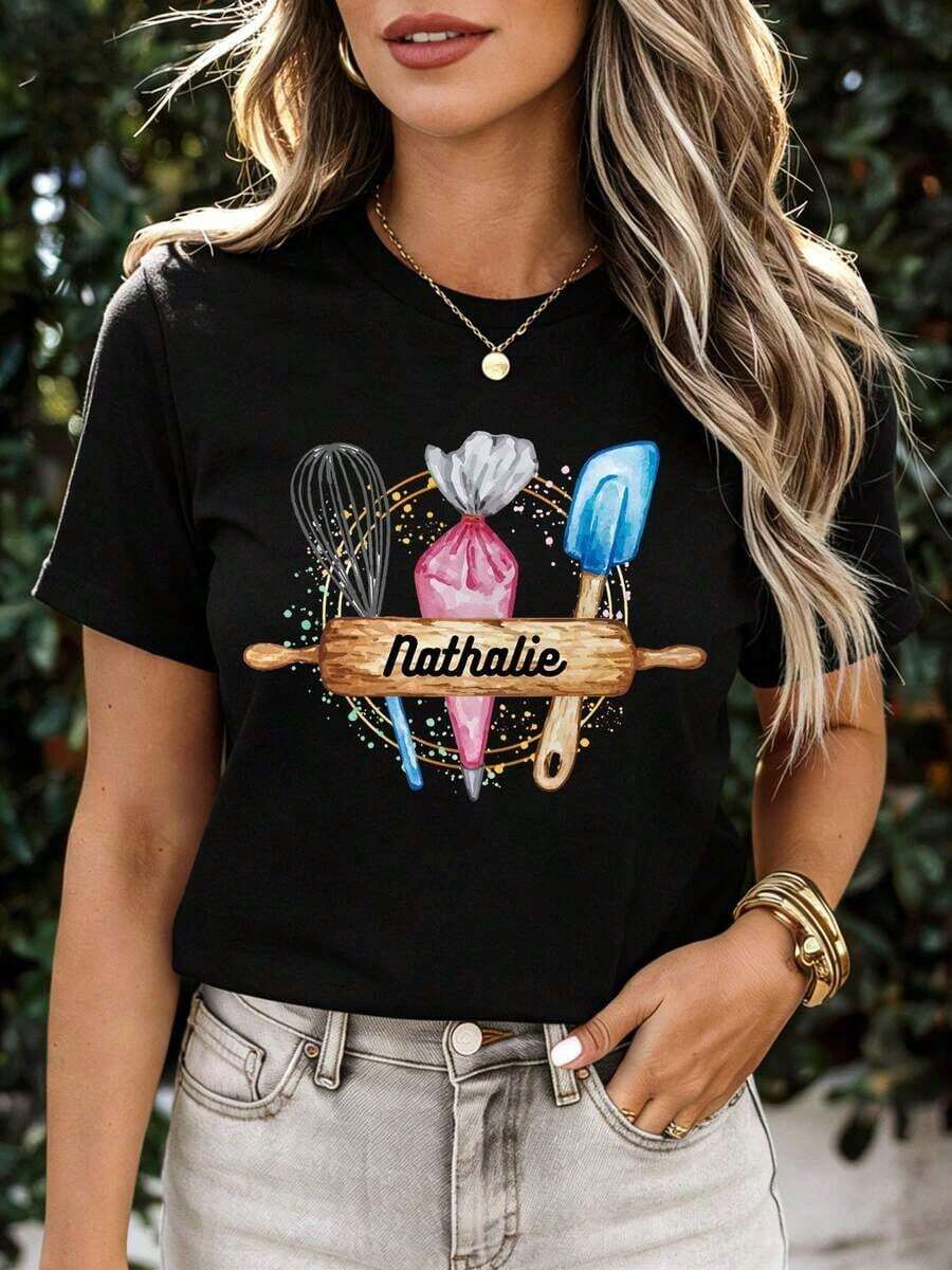 NEW White T-Shirt With Baking Utensil Print And Name Nathalie For Women, Casual Clothing - Vintage Urban Style, Unisex, Cotton, Short Sleeve, Round Neck - 黑色 - 查看 1