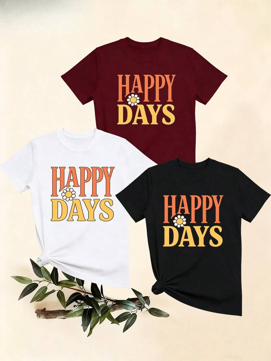 Women's T-Shirts, Women's T-Shirts, Women's Casual One-Piece T-Shirt, "HAPPY DAYS" Letter Print And Small Flowers, Loose And Comfortable Top. - 1件黑色隨機圖案 - 查看 1