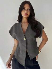 Blusa casual de manga murciélago asimétrica de unicolor mostaza, elegante, simple, estilosa y minimalista, versátil para el uso diario y el transporte, de alta gama, minimalista y desconstructiva, con manga de murciélago oversize y cuello en V de - Gris - Ver 6