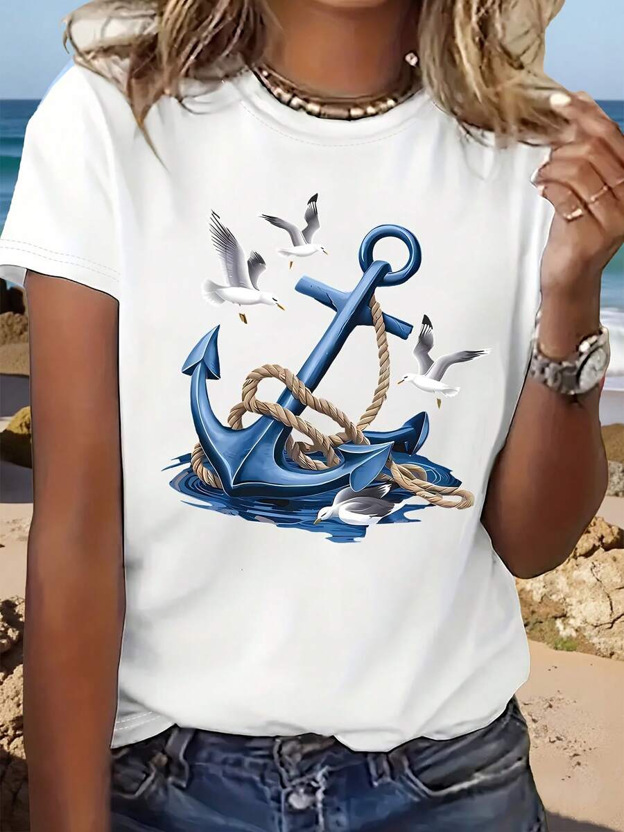 Summer Beach T-Shirt With Anchor And White Dove Print + Short Sleeves + Round Neck + Casual Women's Holiday Clothing For Spring And Summer - 白色 - 查看 1