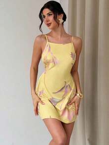 Vestido casual de mujer con estampado floral amarillo, de tirantes finos y espalda descubierta, vestido suelto de estilo hawaiano para vacaciones, vestidos de verano amarillo mantequilla para mujeres - Multicolor - Ver 8