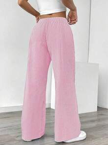 Pantalones sueltos para mujer con rayas azules de tiro bajo para vacaciones y uso informal - Rosa Chicle - Ver 2