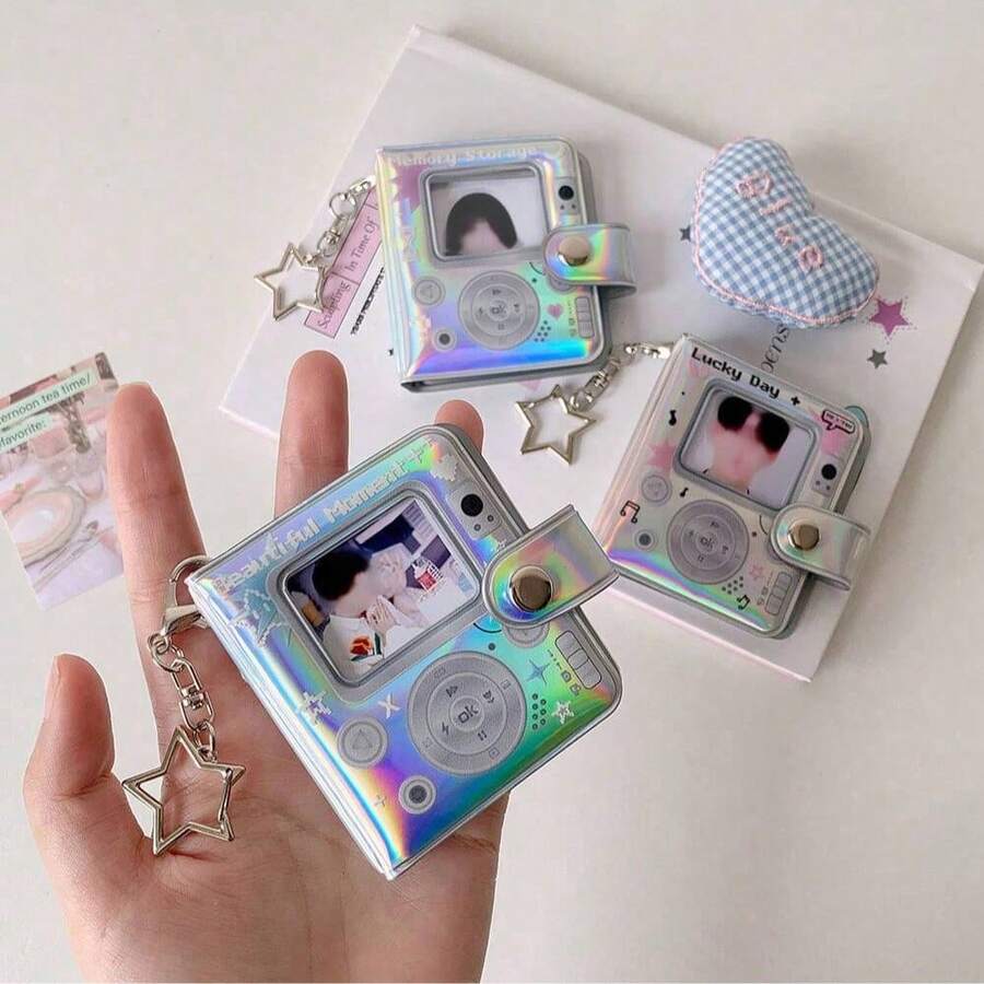 1pc Ins Style 2-Inch Holographic Colorful Keychain Photo Album, Idol Photo ID Card Holder, Mini Photo Sticker Album Pendant