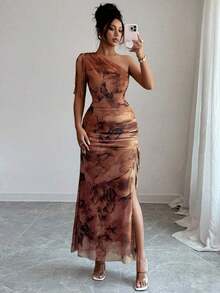 Vestido maxi sin mangas con abertura alta y estampado floral elegante de malla para mujer - Cafetería - Ver 5
