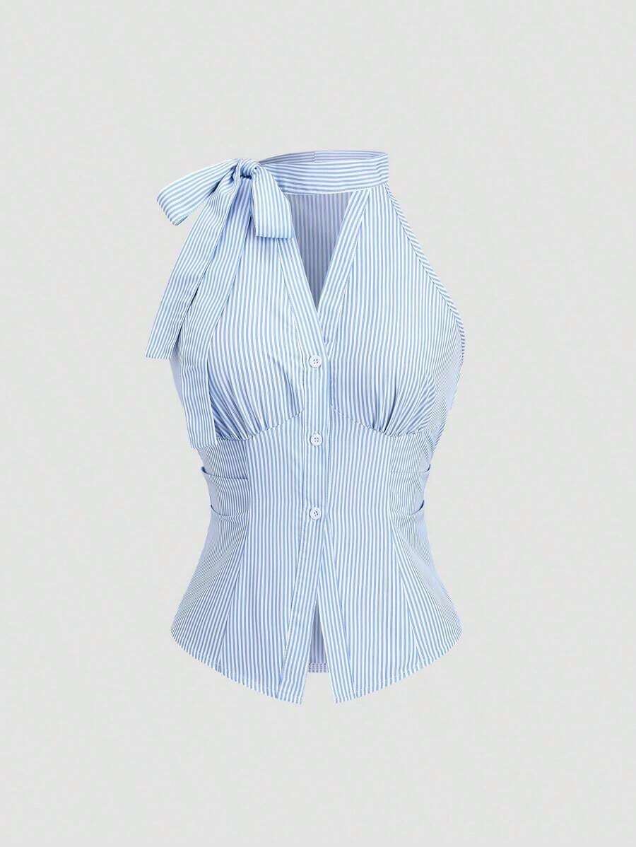 Blusa de mujer de nueva llegada sin mangas con lazo en la cintura y rayas ajustada - Azul - Ver 1