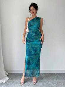Vestido de noche de lujo para mujer, vestido sexy sin mangas con cuello asimétrico y estampado de teñido anudado - Verde - Ver 1
