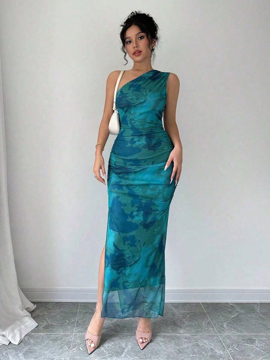 Vestido de noche de lujo para mujer, vestido sexy sin mangas con cuello asimétrico y estampado de teñido anudado - Verde - Ver 1