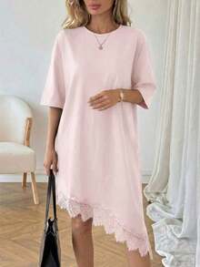 Vestido de talla media de manga corta con bajo asimétrico, de uso diario, de vacaciones y casual, de unicolor con parches de encaje, de moda básica para mujeres - Rosa - Ver 7