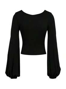 Camiseta Casual de Mujer de Color Sólido con Mangas Tipo Linterna, Top Negro de Manga Larga para Otoño - Negro - Ver 2