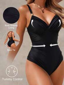 Traje de baño de una pieza con control de abdomen y acolchado, elegante y maduro, para mujer, color negro - Negro - Ver 1