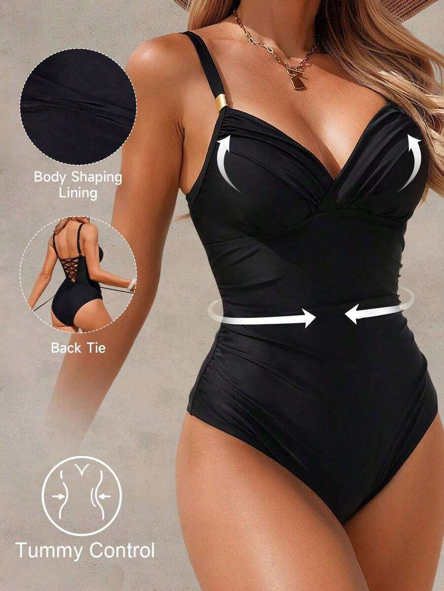 Traje de baño de una pieza con control de abdomen y acolchado, elegante y maduro, para mujer, color negro - Negro - Ver 1