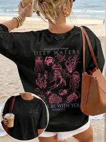 New 2026 Women's Casual Summer Loose Fit T-Shirt, Featuring Sea Creature Prints And Text, Made Of Comfortable And Breathable Fabric, A Relaxed American Retro Style Short Sleeve T-Shirt, Suitable For The Beach, Casual Daily Wear And Lounging At Home On Weekends. - 黑色 - 查看 1