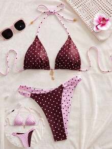 Conjunto de bikini reversible con estampado de lunares en contraste, con escote halter y nudo en la espalda, de estilo dulce y sexy, para vacaciones en la playa - Multicolor 13 - Ver 5