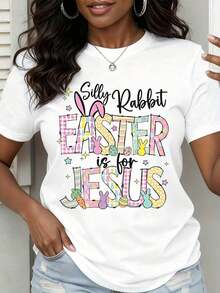 1 Piece Easter T-Shirt "Silly Rabbit Easter Is For Jesus", Religious Easter T-Shirt, Christian Easter Clothing, Funny Easter T-Shirt, Easter Top For Women, Gift For Spring Holidays, 180g 100% Cotton. - 白色 - 查看 1