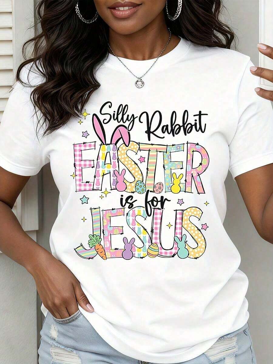 1 Piece Easter T-Shirt "Silly Rabbit Easter Is For Jesus", Religious Easter T-Shirt, Christian Easter Clothing, Funny Easter T-Shirt, Easter Top For Women, Gift For Spring Holidays, 180g 100% Cotton. - 白色 - 查看 1