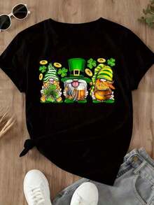 1 Piece St. Patrick's Day Leprechaun Gnome T-Shirt, Lucky Shamrock, Beer, Gold Chest, Festive Costume T-Shirt For Women, 180g 100% Cotton - 黑色 - 查看 4