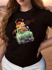 Fun Illustration Of A Group Of Puppets Traveling In A Green Car That Conveys Energy, Friendship And Joy With A Retro Touch Of Adventure And Fun For Life. Soft And Comfortable Women's T-Shirt - 黑色 - 查看 6