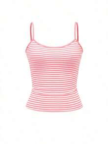 Top de lencería de moda para mujer  y camiseta sin mangas de rayas de primavera/verano con cuello redondo y ajuste casual, adecuada para vacaciones en la playa y uso casual diario - Rosa - Ver 3