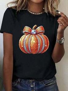 Halloween Pumpkin Graphic Print Cotton T-Shirts, Fashionable T-Shirts, Casual Short Sleeves For Everyday Wear, 220g2025, Loose And Comfortable - 3 - 查看 5