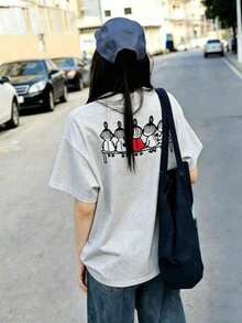 Women's Casual Cotton T-Shirt, Short Sleeve And Round Neck, With A Cute Print On The Back, Perfect For Everyday Wear, Regular Length, With Moderately Elastic Fabric, Cute And Casual Style. - 灰色 - 查看 6