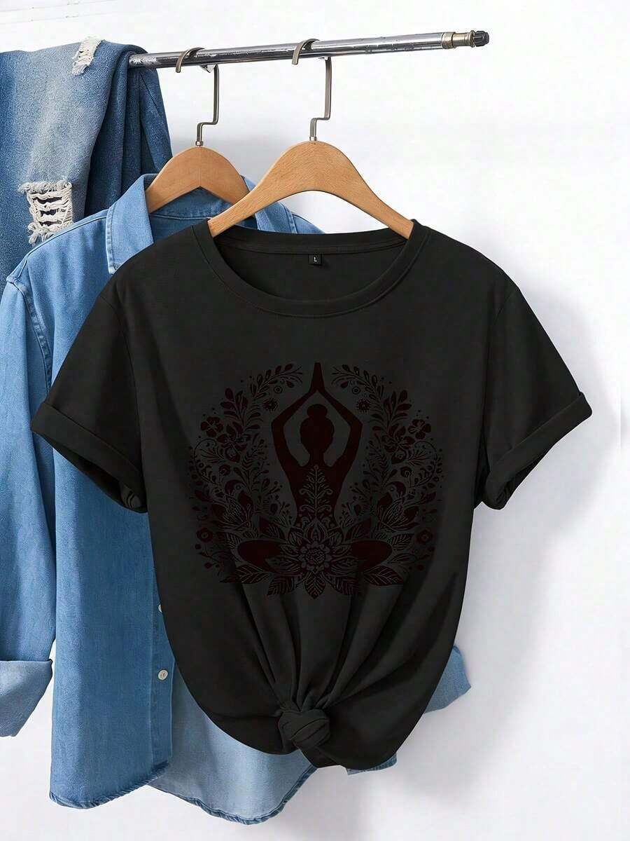Short Sleeve T-Shirt With Lotus Mandala Print - Bohemian Design, Comfortable Crew Neck, Ideal For Yoga And Casual Wear, Suitable For All Seasons - 黑色 - 查看 1