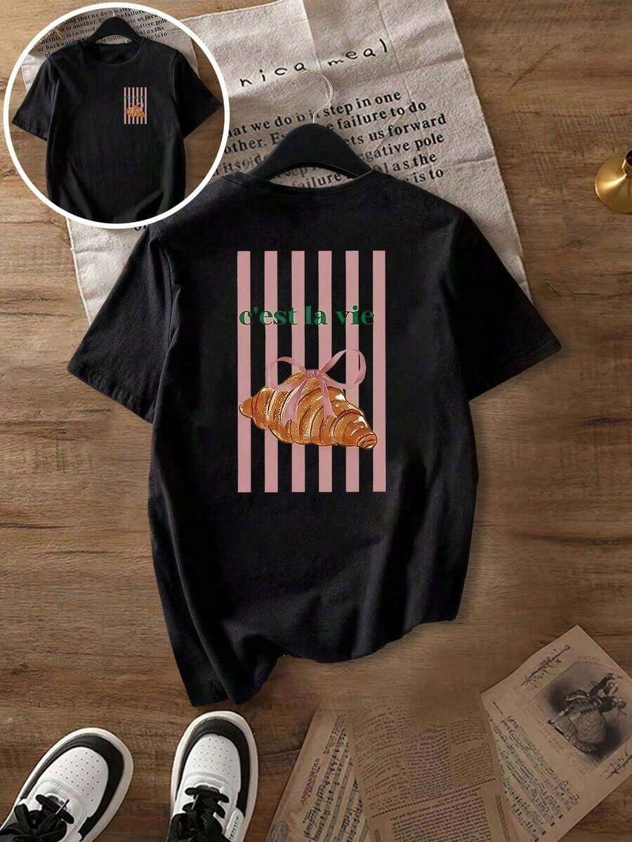 Camiseta Casual de Manga Corta para Mujer con Estampado de Croissants Brillantes y Rayas, Cuello Redondo, Top de Primavera/Verano, Ropa de Mujer, Ropa de Verano/Otoño, Ropa para el Día de San Valentín, Ropa de Mujer, Atuendo para Vacaciones - Negro - Ver 1