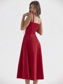 Mujeres Temperamento Moda Senior Sentido Francés Tirantes Suave Viento Vestidos Largo Dividido, Mujeres Temperamento Elegante Sexy Tirantes Vestido Elástico, conjuntos elegantes de mujer falda,Suave y Cómodo Tejido Agradable a la Piel, Adecuado para Banquetes, Asistir a Eventos, Hospedaje, Playas, Viajar Sesiones de Fotos, Fotografía de Calle, Trabajo y Uso Casual Diario. - Rojo - Ver 3
