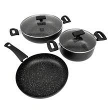Batterie de cuisine Klack 5 pièces – Aluminium antiadhésif de haute qualité – Comprend des casseroles et une poêle (20, 24 et 28 cm) avec couvercles en verre trempé – Compatible tous feux et induction - Noir - Voir 2