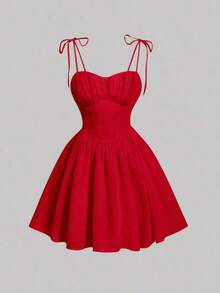 Vestido mini elegante de mujer sin mangas con estampado floral, dobladillo con volantes plisados - Rojo - Ver 1