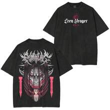 Vintage T-Shirt With Titan Demon Graphic Print In Pink And Washed Gray | Unisex Casual Thick Cotton T-Shirt, Gothic Style, Plus Size, For Men And Women - 黑色 - 查看 5