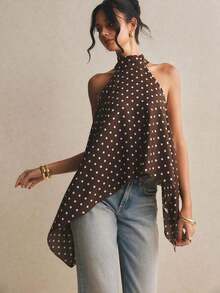 Blusa elegante de cuello halter con lunares para mujeres - Café integral 2 - Ver 3
