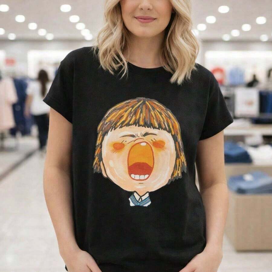 Camiseta de algodón puro de talla grande para mujer con estampado de chica de dibujos animados abstractos, cuello redondo, manga larga, estilo casual, corte holgado, diseño gráfico, tallas S-5XL, tela suave y transpirable, moda para uso diario, diseño artístico, adecuada para primavera, verano y otoño. - Negro - Ver 1