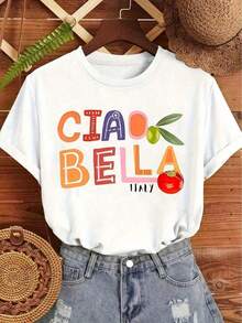 Conjunto familiar con estampado de letras coloridas "CIAO BELLA ITALY", cómodo, suave y transpirable, para otoño e invierno. Nueva moda retro para mujer, fácil de usar en el día a día, versátil para primavera y verano. Camisetas de manga corta para mujer, camisetas gráficas, tops gráficos para mujer, camisetas de verano, camisetas casuales, camisetas de verano, tops, conjuntos de verano para mujer, camiseta casual cómoda de manga corta con cuello redondo, adecuada para primavera, verano y otoño. - Blanco - Ver 6